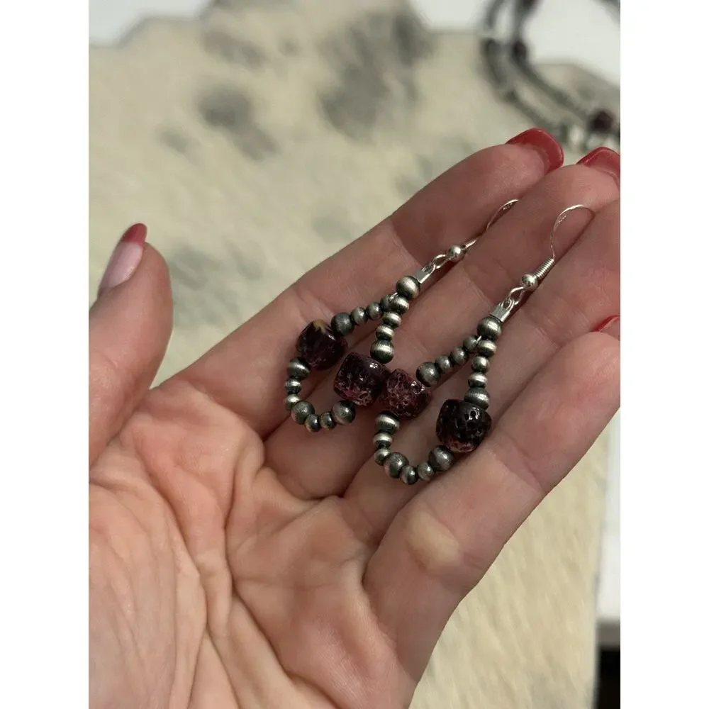 Native American Sterling Silver 8mm Purple Spiny Navajo Pearl Hoop Earrings